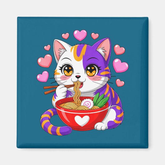 ハート付きラーメンを食べるアニメの猫 楽しいV マグネット (正面)
