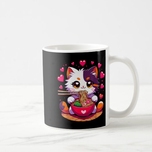 ハート付きラーメンを食べるアニメの猫 Valenti コーヒーマグカップ (右)