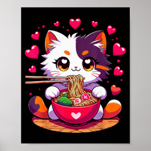 ハート付きラーメンを食べるアニメの猫 Valenti ポスター