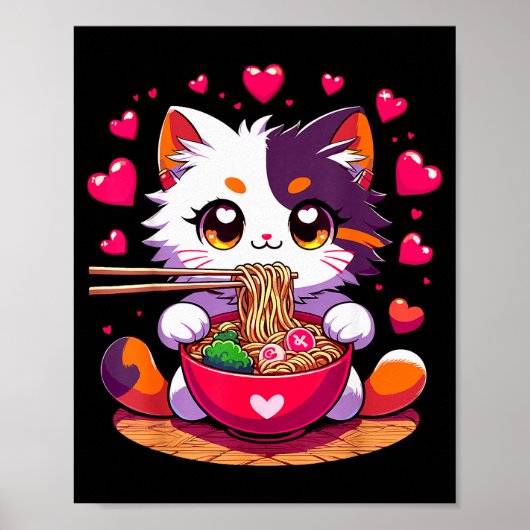ハート付きラーメンを食べるアニメの猫 Valenti ポスター (正面)