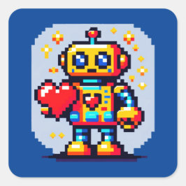 ハート付きロボット – かわいいピクセルアートSci-Fiデザイン スクエアシール