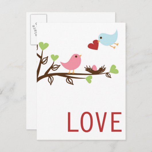 ハート付き鳥の家族 ポストカード (正面/裏面)