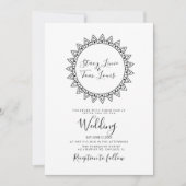 ハート円形フレーム白黒結婚の 招待状 (正面)