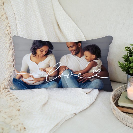 ハート写真と白いスクリプトで愛カスタムする ランバークッション