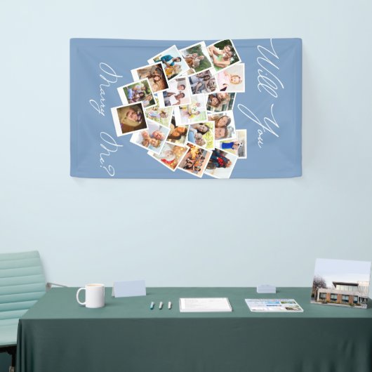 ハート写真コラージュは私と結婚するブルーバナー 横断幕 (トレードショー)