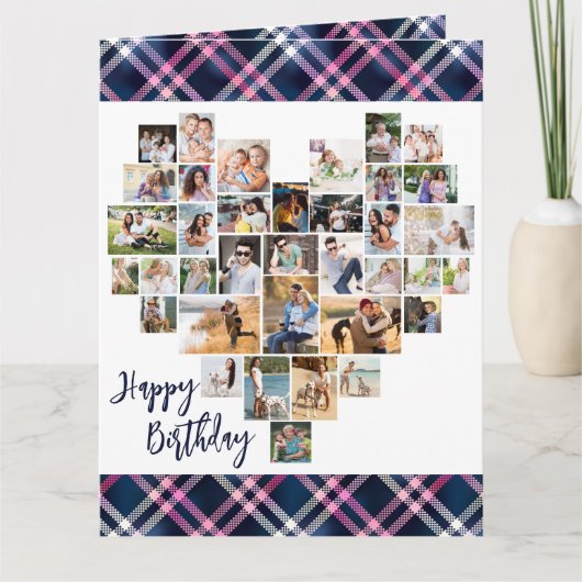 ハート写真コラージュ36 Pic Plaid任意の年齢誕生日 カード (正面)