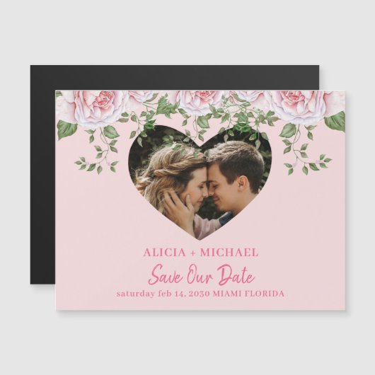 ハート写真ピンクのバラの結婚式の日付を保存 マグネット招待状 (正面/裏面)