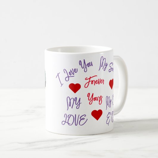 ハート写真：紫と赤の愛のメッセージ コーヒーマグカップ (正面右)