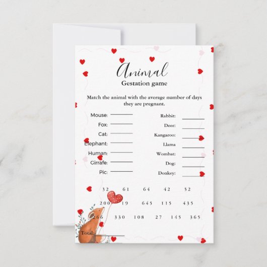 ハート動物の妊娠ゲーム赤ちゃんシャワーゲームカード 招待状 (正面)