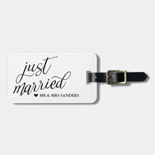 ハート及び渦巻形のな原稿のたった今結婚しました ラゲッジタグ (正面横)