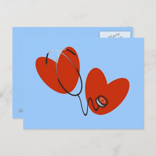 ハート及び聴診器Tシャツ及びギフト ポストカード (正面/裏面)