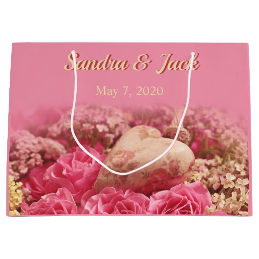 ハート及び花のブライダルシャワー ラージペーパーバッグ (正面)