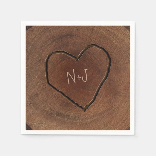 ハート型に彫られた木の樹皮の素朴な結婚式 スタンダードカクテルナプキン (正面)