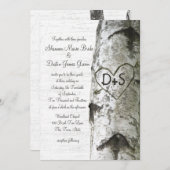 ハート型に彫られた樺の木の結婚式 招待状 (正面/裏面)