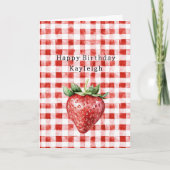 ハート型のイチゴ 赤と白のストライプ 誕生日 カード (正面)