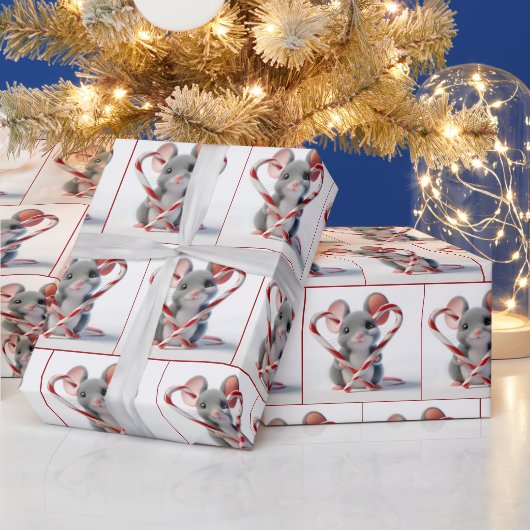 ハート型のキャンディーケーンのネズミ ラッピングペーパー (クリスマス)