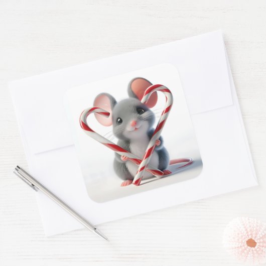 ハート型のキャンディーケーンを持つクリスマスマウス スクエアシール (封筒)