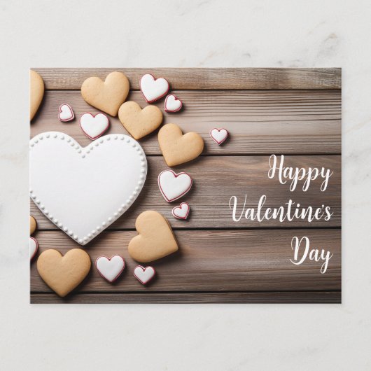 ハート型のクッキーを木製の地面にバレンタイン ポストカード (正面)