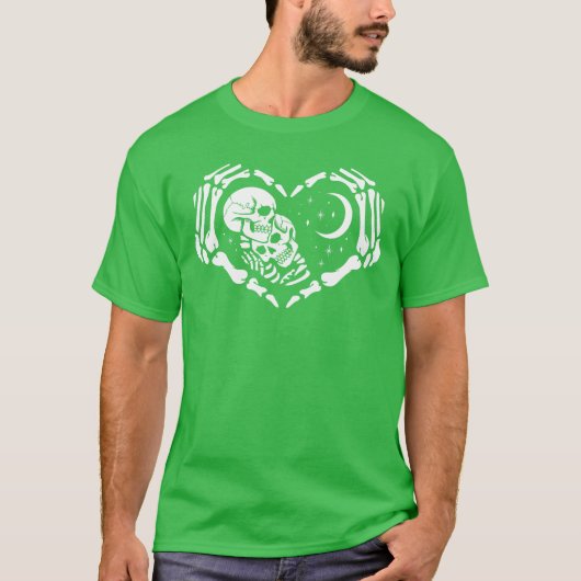 ハート型のスケルトンの手に恋するスケルトン Tシャツ (正面)