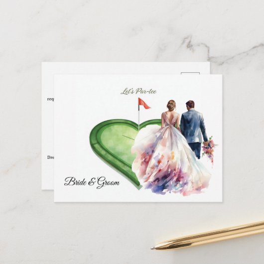 ハート型のパッティンググリーンにゴルフ旗 ポストカード (正面/裏面インサイチュ)