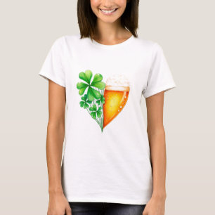 ハート型のビールとラッキークローバー Tシャツ