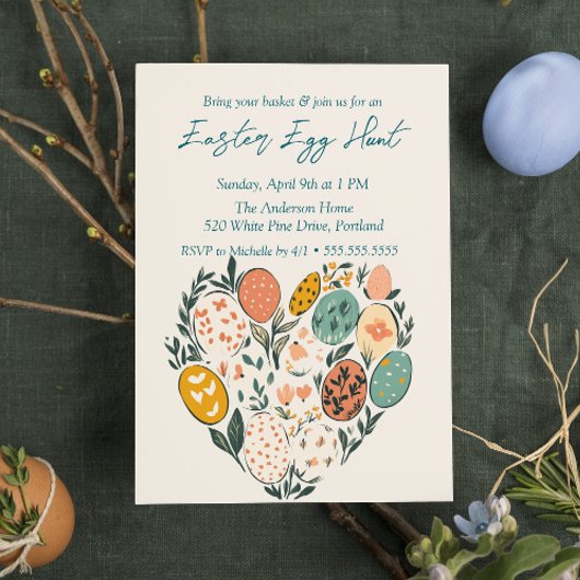 ハート型の卵と花イースターエッグ狩り 招待状