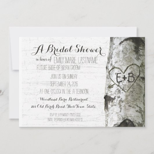 ハート型の彫刻が施された樺の木の結婚前お披露目パーティー 招待状 (正面)