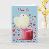 ハート型の炎を燃やす赤いキャンドルアート カード (黄色い花)