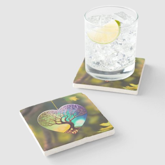 ハート型の生命の木オーナメント ストーンコースター (横)