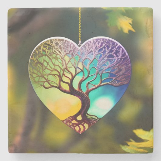 ハート型の生命の木オーナメント ストーンコースター (正面)