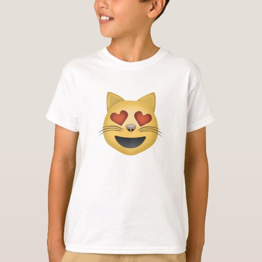 ハート型の目をした笑顔の猫顔絵文字 Tシャツ (正面)