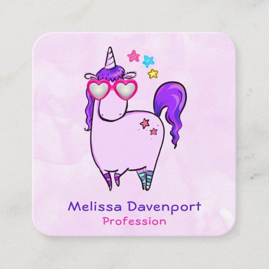 ハート型の眼鏡のかわいいユニコーン スクエア名刺 (正面)