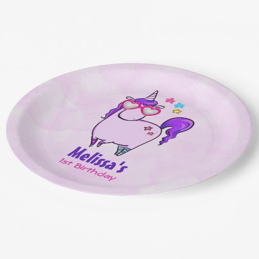 ハート型の眼鏡のかわいいユニコーン ペーパープレート (アングル)