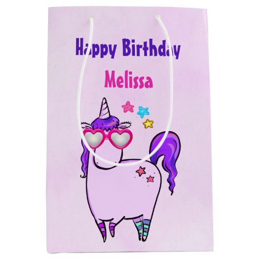 ハート型の眼鏡のかわいいユニコーン ミディアムペーパーバッグ (正面)