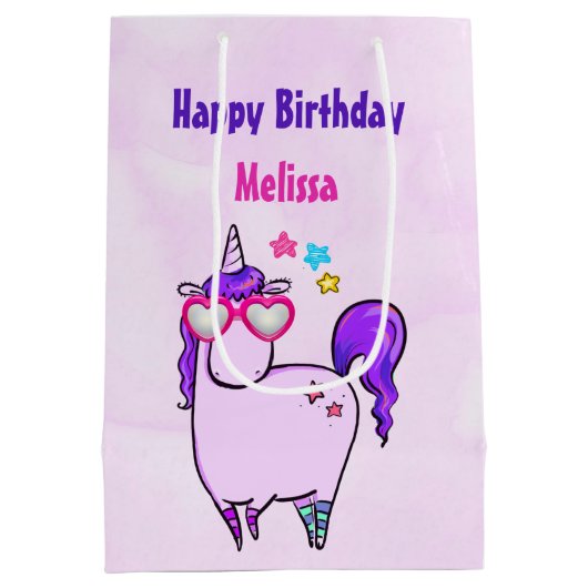 ハート型の眼鏡のかわいいユニコーン ミディアムペーパーバッグ (裏面)
