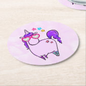 ハート型の眼鏡のかわいいユニコーン ラウンドペーパーコースター (アングル)