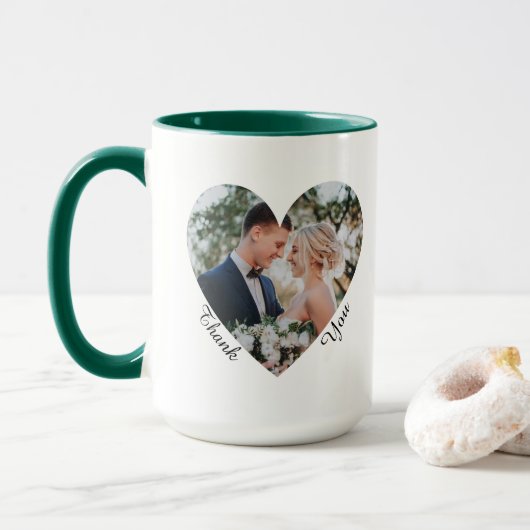 ハート型の結婚式写真入りThank Youギフト グリーン マグカップ (ドーナツ付き)