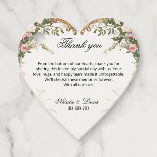 ハート型の花のウェディングサンクス フェイバータグ (正面)