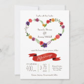 ハート型の花のリースを使用したラスティックウェディング 招待状 (正面)