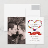 ハート型の花のリースを使用したラスティックウェディング 案内ポストカード (正面/裏面)