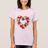 ハート型の花輪 バラ ガーベラ チューリップ Tシャツ (正面)