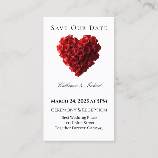 ハート型の赤いバラ - Save the Date - 名刺 (正面)