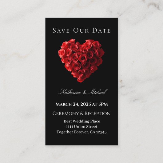 ハート型の赤いバラ - Save the Date - 名刺 (正面)