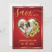 ハート型の赤と金のウェディングテーマ写真 セーブザデート (正面)