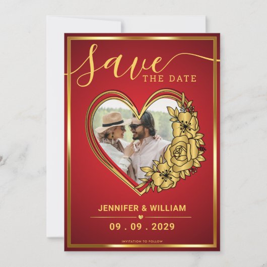 ハート型の赤と金のウェディングテーマ写真 セーブザデート (正面)