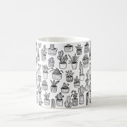 ハート型の鉢の植物 かわいいパターン 黒&白 コーヒーマグカップ (中央)