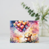 ハート型の風船が付いた愛のテディベア ポストカード (スタンド正面)