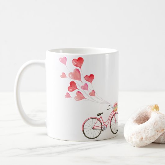 ハート型の風船と自転車 コーヒーマグカップ (ドーナツ)