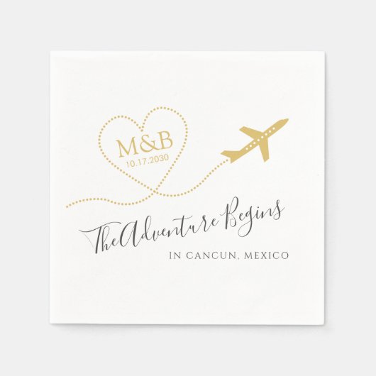 ハート型の飛行機雲にオリジナルのモノグラムと結婚式の日付を入れて、目的地の結婚式にぴったりなロゴを作 スタンダードカクテルナプキン (正面)