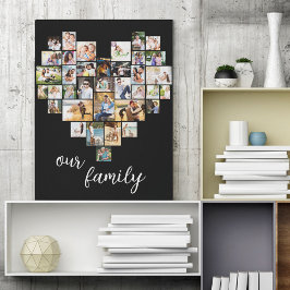 ハート型の36枚フォトコラージュ "Our Family" 手書きスクリプト キャンバスプリント